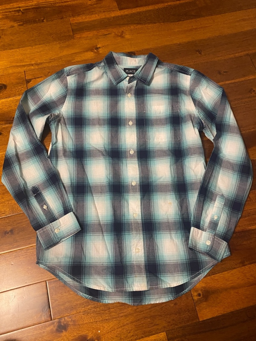 Children’s Place Boy’s Size 16 Navy Turquoise & White Plaid Button-Down Shirt